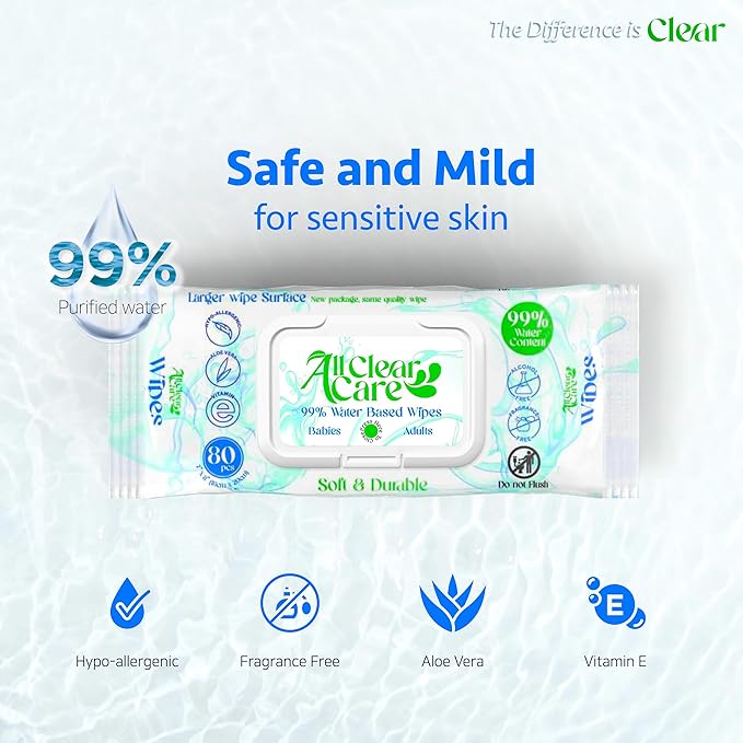 All Clear Care Baby Wipes, Unscented Wipes for Sensitive Skin, Large Soft Durable & 99% Water Based, Gentle & Hypoallergenic for Babies & Adults, Vitamin E and Aloe, Flip Top Lid, 3 Pack (240 Wipes)