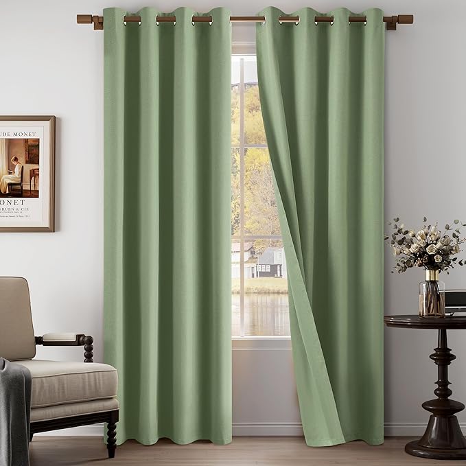 100% Blackout Linen Textured Curtains 84 Inch Length 2 Panels Set for Living Room, Bedroom, Light Weight Curtains with Grommets Top, Full Blackout Curtains Privacy Protection, Green, 52" W x 84" L