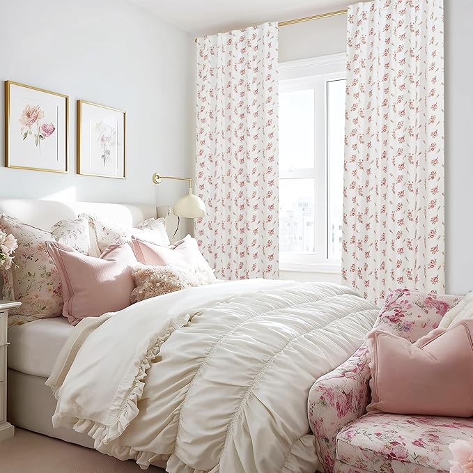 Pink Cute Floral Blackout Curtains for Nursery Girls Bedroom,Vintage Shabby Chic Light Pink White Green Boho Cottage Core Curtains for Kids Teen Coquette Room Decor 84 Inch Long 2 Panels