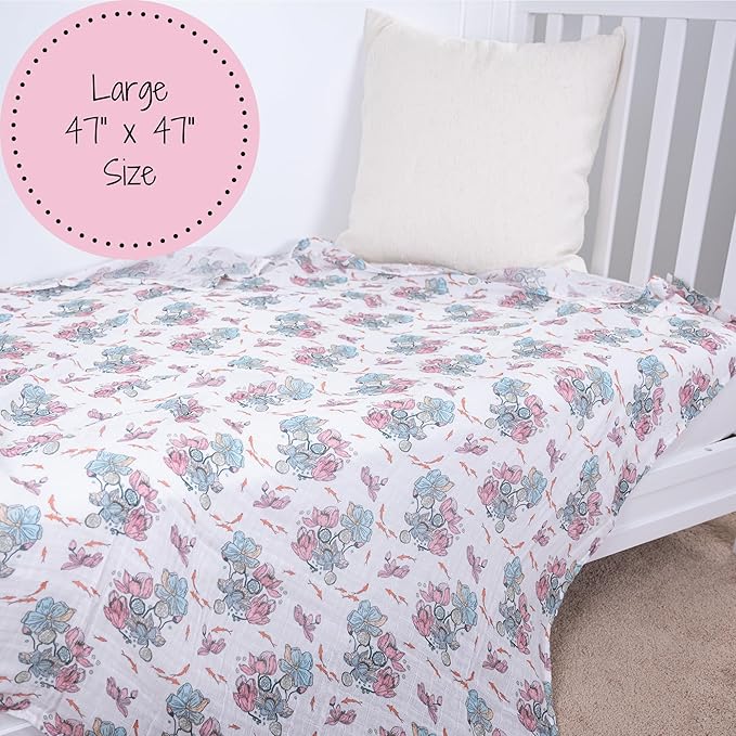 LollyBanks Baby Blanket, 100% Cotton Muslin Swaddle for Baby Girls, Soft and Breathable 47 x 47 Inches Receiving Blanket, Lightweight Newborn Swaddle, Newborn Essentials Must Haves (Lotus Print)