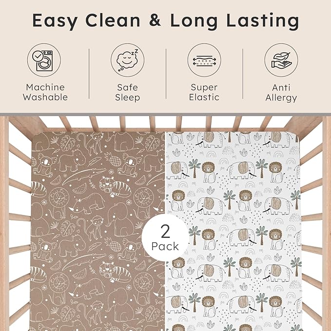 Baby Crib Sheets for Boys Girls Neutral, 2 Pack Crib Mattress Sheet for Standard Crib and Toddler Mattress, Super Soft Breathable Fitted Crib Sheet, 52" x 28"