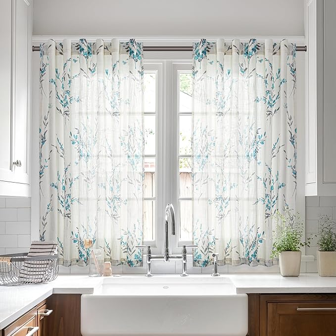 MYSKY HOME Sheer Curtains 54 Inch Length for Bedroom Window Curtain Panels Light Filtering Privacy Protect Drapes Set Linen Look Farmhouse Style Texture Soft Touch, 50" x 54", Teal, 2 Panels