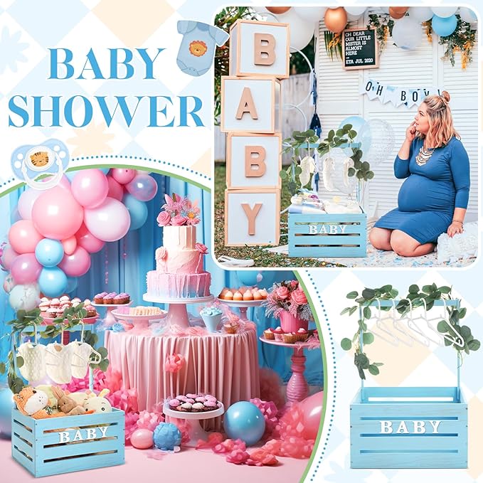 Barydat Wooden Baby Shower Crate Closet, Baby Basket with Handle, Personalized Basket Gifts, Easy Assembly Baskets for Newborn Boy Girl Welcome Gift for New Mom Parents(Blue)