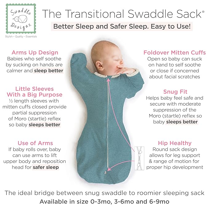 SwaddleDesigns Transitional Swaddle Sack, Arms Up Half-Length Sleeves & Mitten Cuffs, Swaddle for Newborn Transition to Baby Sleep Sack Wearable Blanket, Large, 6-9 Month, 21-24 lb, Heathered Teal