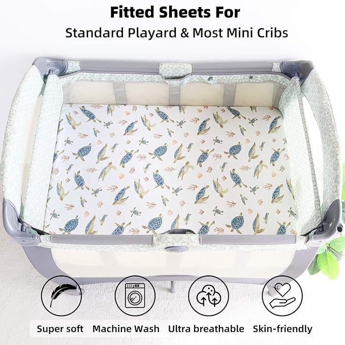 LifeTree Crib Sheets for Baby Unisex - Muslin Fitted Crib Sheets Toddler Bed Sheet, 70% Viscose from Bamboo and 30% Cotton, Fits Mini Crib & Pack and Play Playard, Sea Turtle, 26in x 38in