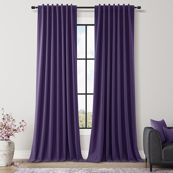 Guken 100% Blackout Curtains 96 Inch Length 2 Panels Set for Living Room Bedroom Back Tab Thermal Insulated Black Out Linen Drapes Room Darkening New Purple,52x96