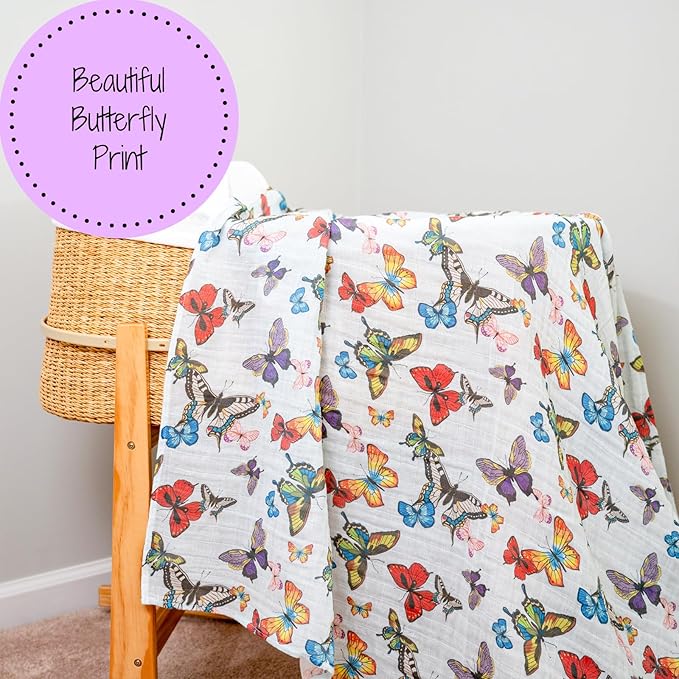 LollyBanks Baby Blanket for Girls, Large 47 x 47 Inches Soft Muslin Swaddle Blankets, 100% Cotton Breathable and Lightweight Baby Receiving Blankets, Registry (Butterfly Print)
