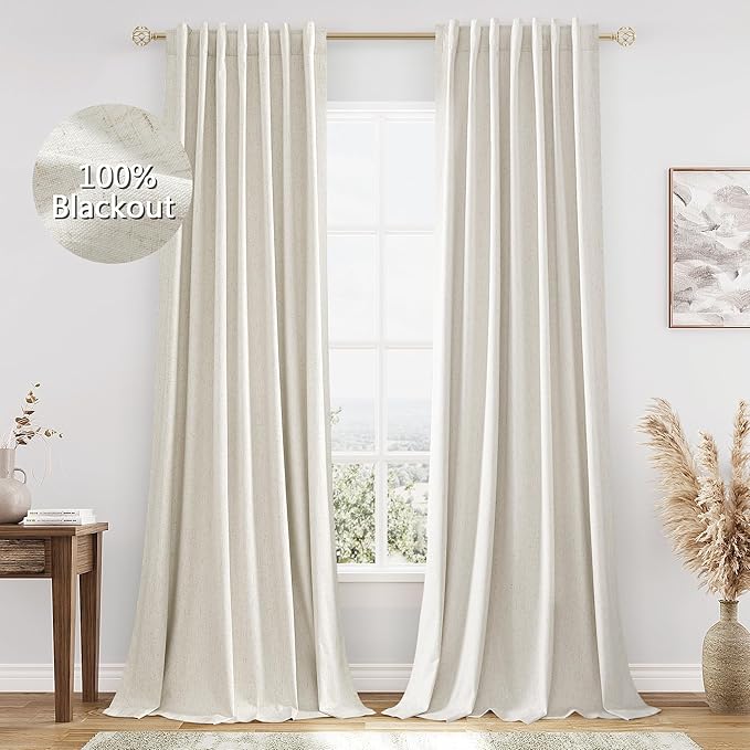 Guken Cream 100% Blackout Curtains 90 Inch Length 2 Panels Set for Living Room Bedroom Back Tab Thermal Insulated Black Out Linen Drapes Room Darkening Window Curtains
