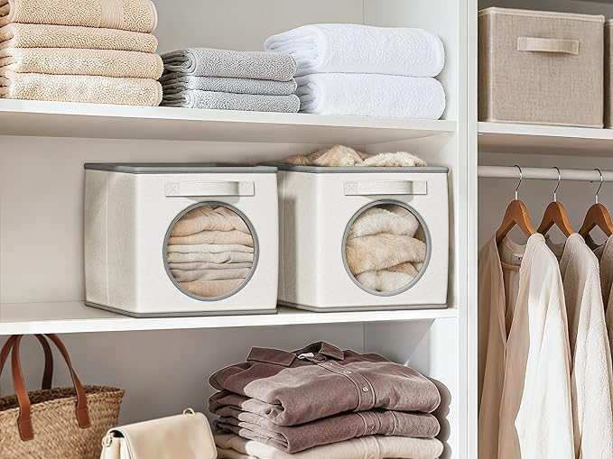 Vailando Foldable Fabric Storage Bins with Round Window - 4 Pack 11"x11"x11" Collapsible Cube Storage Prganizer for Clothes, Shelves, Offices, Toys & Misc, White & Ivory
