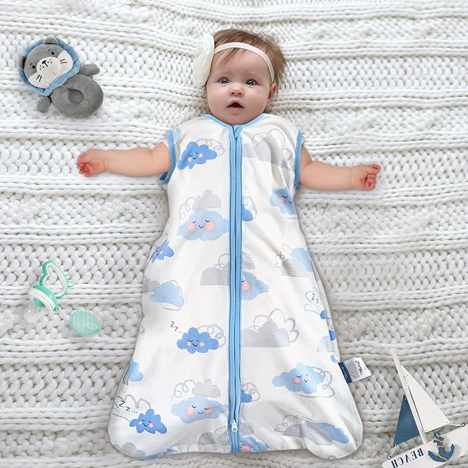 TILLYOU 2 Pack Infant Sleep Sack 0-6 Months 100% Cotton Wearable Blanket 0.5 TOG Sleeveless Summer Sleep Sacks with 2-Way Zipper, Small Cloud & Blue