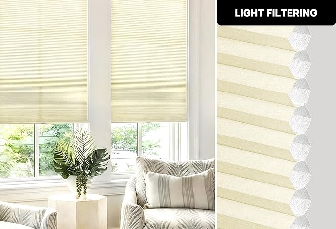 LazBlinds Cordless Cellular Shades, No Tools No Drill Light Filtering Honeycomb Shades Pleated Blinds for Windows, 27.5'' W x 48'' H, Cream