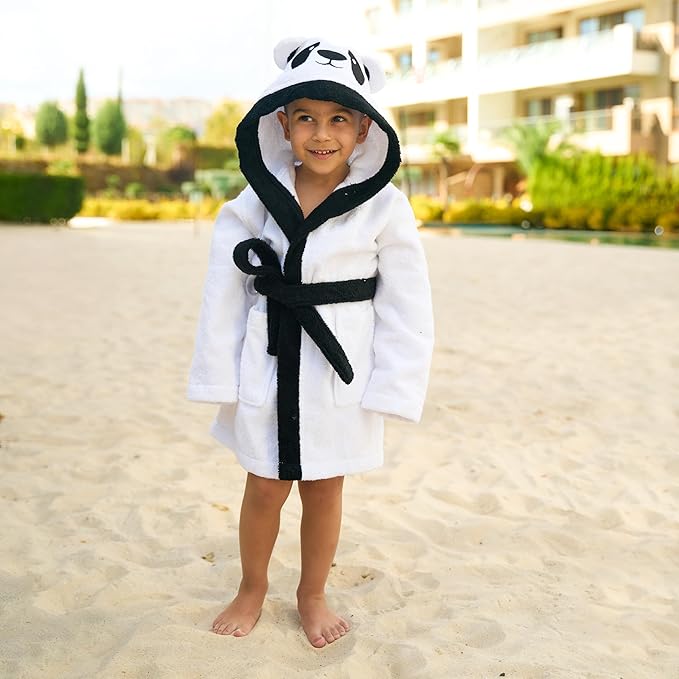 BAGNO MILANO Kids Organic Turkish Cotton Hooded Beach Cover-Up Towel, GOTS Certified, for Boys and Girls (Panda White, 5-6 Years)