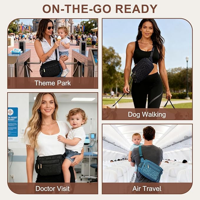Rexmore Puffer Quilted Fanny Pack Diaper Bag for Mom - Women‘s Compact Crossbody Purse with Portable Changing Pad & Wipes Pouch, Travel & Quick Errand Baby Essentials Organizer(Black)