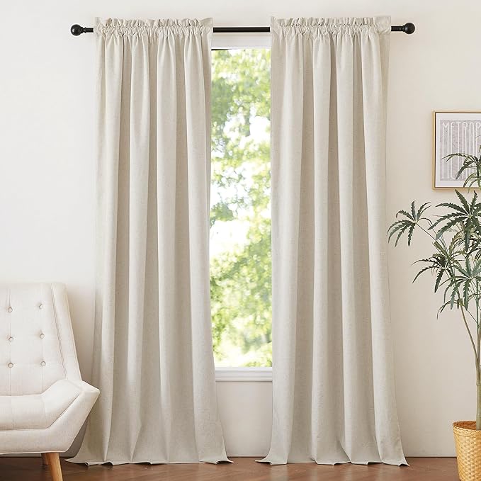 NICETOWN Natural Beige 100% Blackout Linen Curtains 84 inches Long Burg 2 Panels for Bedroom, 52" Wide, Farmhouse Thick Completely Blackout Window Treatment Thermal Insulated Drapes for Living Room