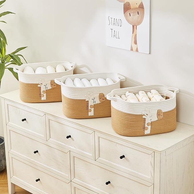 Storage Bins Woven Baskets for Storage Set of 3, Cotton Rope Basket with Handles for Toys/Shelves/Laundry, Rectangle Multi-Purpose Organizer for Living Room, Bedroom, Nursery (Giraffe)