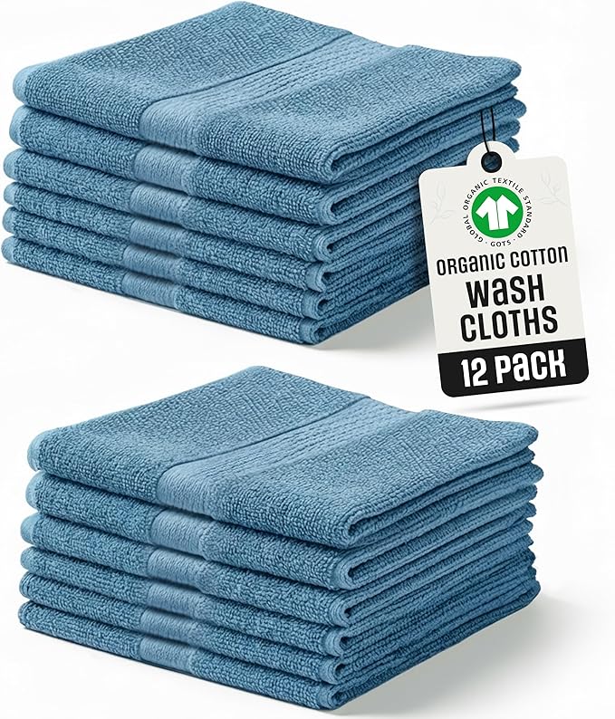 Organic Cotton Wash Cloths Plush Feather Touch Quick Dry Wash Cloths Pack of 12 GOTS & Oeko- TEX Certified | Premium Soft, Absorbent, Small Hand Face Towels Wash Rags– Turquoise
