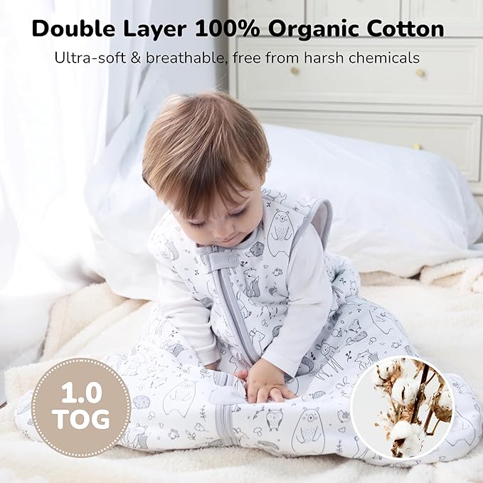 Baby Sleep Sack 1.0 TOG, Organic Cotton Baby Wearable Blanket with Two-Way Zipper, Swaddle Transition Baby Sleeping Bag, All-Season Sleep Sack for Newborn Infant Toddler Boy Girl, 12-18 Months, 1-Pack