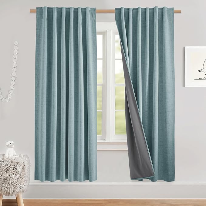 NICETOWN Skylark Blue Bedroom Full Blackout Linen Curtain, Thick Linen Blend Thermal Insulated Classic Back Tab Blackout Draperies with White Liner for Nursery (Set of 2, 52 by 72-inch)