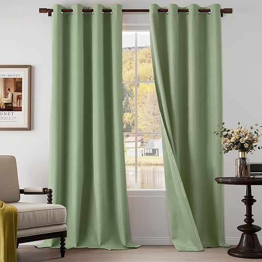 100% Blackout Linen Textured Curtains 120 Inch Length 2 Panels Set for Living Room, Bedroom, Light Weight Curtains with Grommets Top, Full Blackout Curtains Privacy Protection, Green, 52" W x 120" L