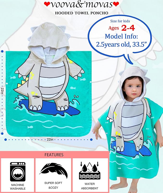 VOOVA & MOVAS Toddler Poncho Towels with Hood, Oversized (2-4Years,22"X22") Made from 100% Soft Cotton,Absorbent Bathrobe for Baby Boys,Perfect for Pool | Swimming | Bath | Beach, Dino