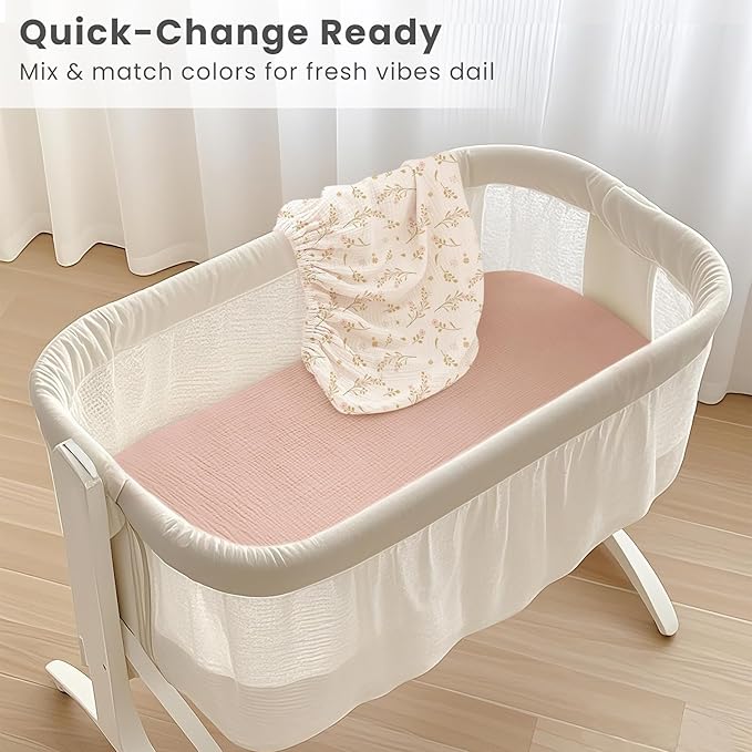 Konssy Muslin Fitted Bassinet Sheets 2 Pack for Baby Girl Boy, Soft Bedside Sleeper Bassinet Sheets Fit for Baby Bassinets, Moses Basket Oval Rectangle Pad/Mattress