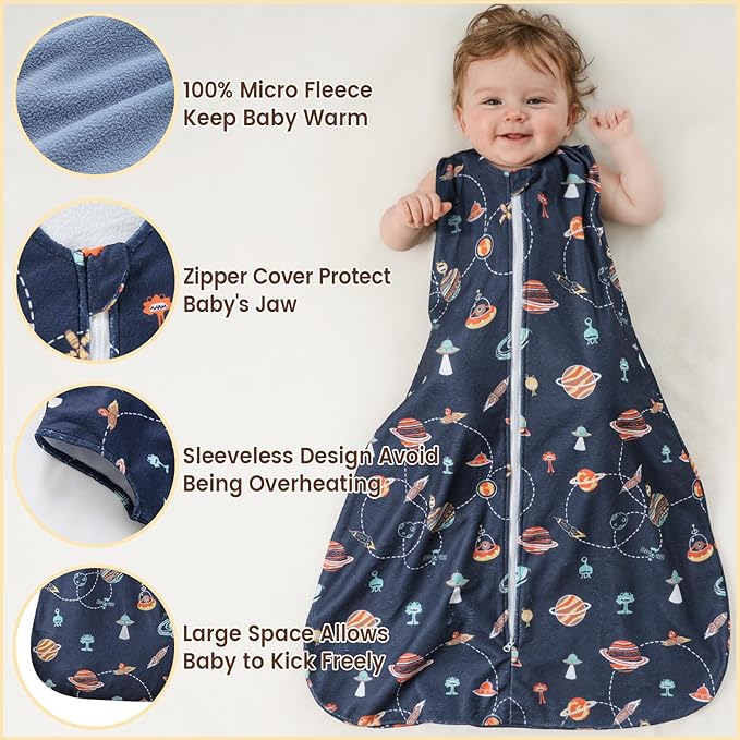 PHF 3 Pack Warm Micro-Fleece Baby Sleep Sack 0-6 Months, Soft Baby Wearable Blanket, 2-Way Zipper Sleeping Bags, Comfy Toddler Sleeping Sack for Boys, Small Size, Space