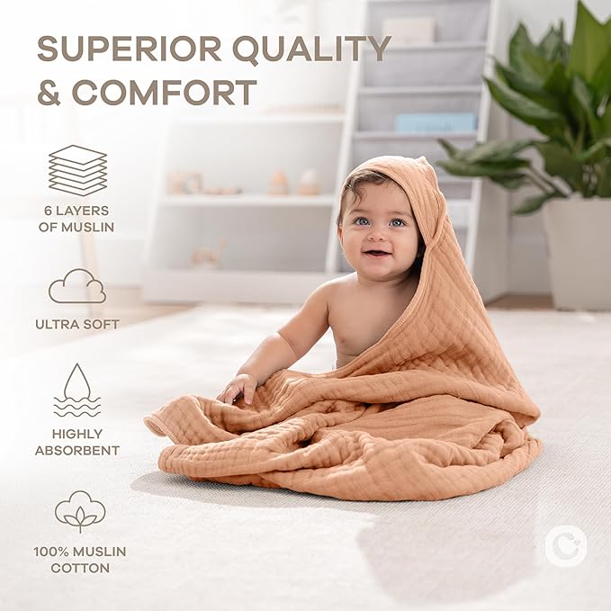 Comfy Cubs Hooded Baby Towel 2-Pack, Large 32 x 32 Inch - 6 Layer 100% Muslin Cotton for Babies, Toddlers and Kids - Soft & Absorbent Baby Bath Towels - Unisex Design for Bath Time - Caramel