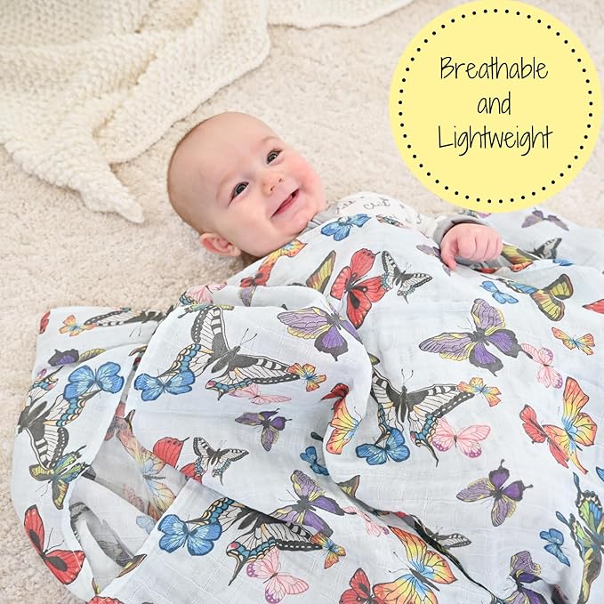 LollyBanks Baby Blanket for Girls, Large 47 x 47 Inches Soft Muslin Swaddle Blankets, 100% Cotton Breathable and Lightweight Baby Receiving Blankets, Registry (Butterfly Print)