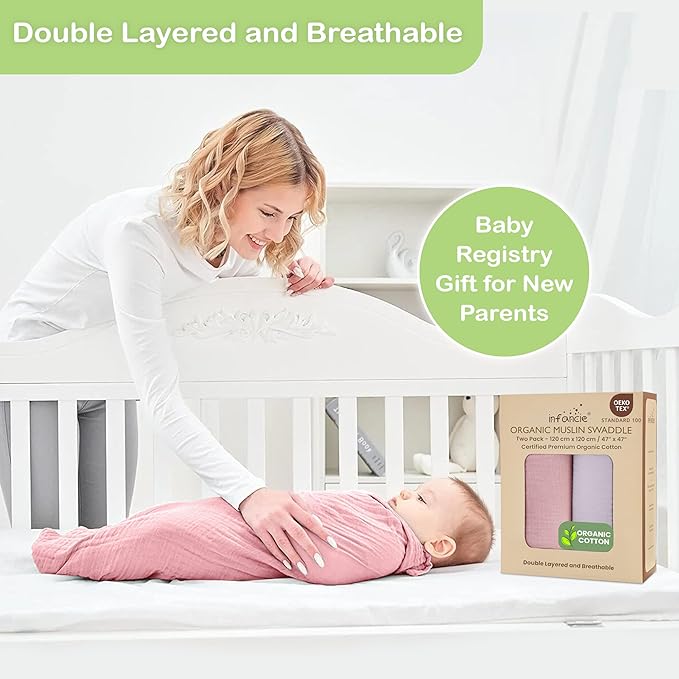 100% Organic Cotton Muslin Baby Blanket - 47 x 47 Inch Breathable Baby Swaddle Blanket, Hypoallergenic Double-Layer, Soft Newborn Baby Blanket for Everyday Use (Light Pink/Light Purple)