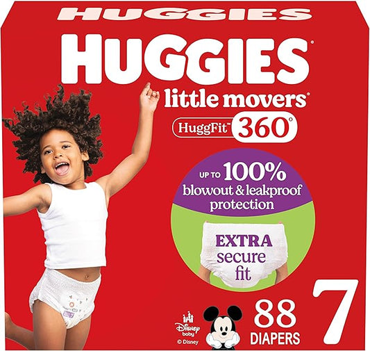 Huggies Size 7 Baby Diapers, Little Movers HuggFit 360° Baby Diapers with 360° Waistband, Size 7 (41+ lbs), 88 Count (2 Packs of 44), Packaging May Vary