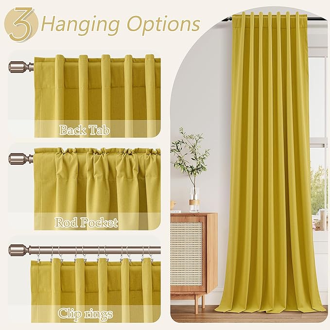 Guken 100% Blackout Curtains 102 Inch Length 2 Panels Set for Living Room Bedroom Back Tab Thermal Insulated Black Out Linen Drapes Room Darkening Celery Yellow,52x102