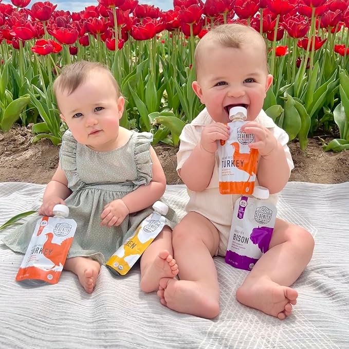 Serenity Kids 6+ Months Baby Food Pouches Puree Made With Ethically Sourced Meats & Organic Veggies | 3.5 Ounce BPA-Free Pouch | Grass Fed Bison, Kabocha Squash, Spinach | 1 Count
