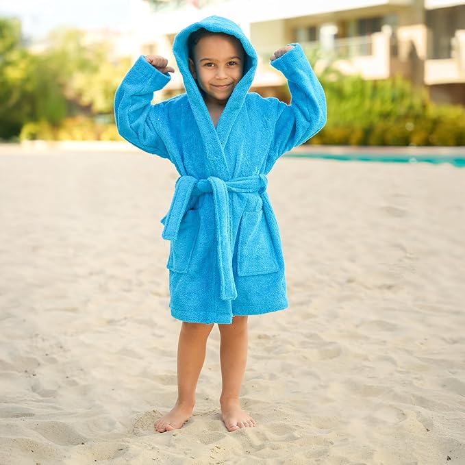 BAGNO MILANO Kids Organic Turkish Cotton Hooded Beach Cover-Up Towel, GOTS Certified, for Boys and Girls (Blue, 13-15 Years)