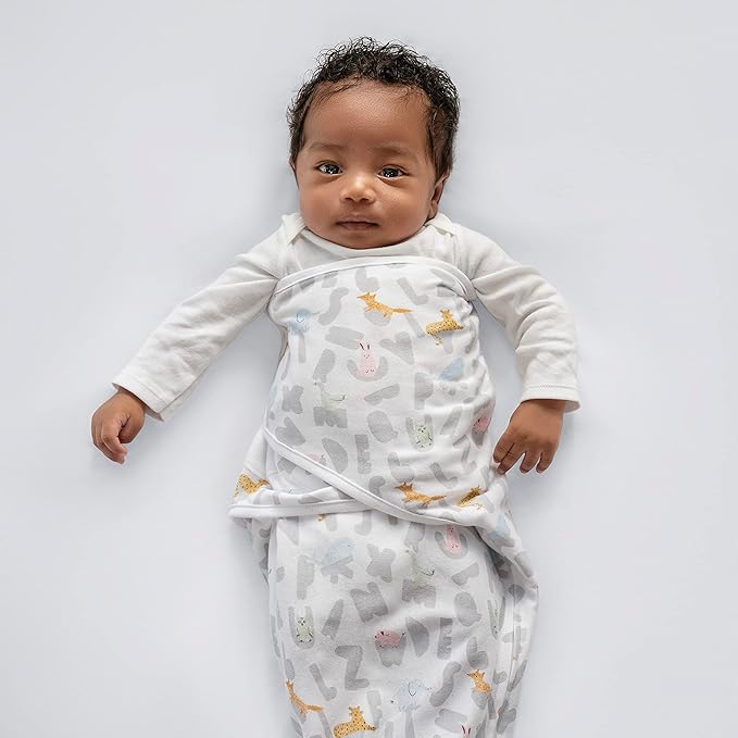 aden + anais Essentials Easy Swaddle Wrap Quick Change with Bottom Zipper, Snug Cotton Knit Baby Wrap Swaddle Blanket for Newborns, TOG 1.0, 3-Pack, Alphabet Animals, 0-3 Months, Small/Medium