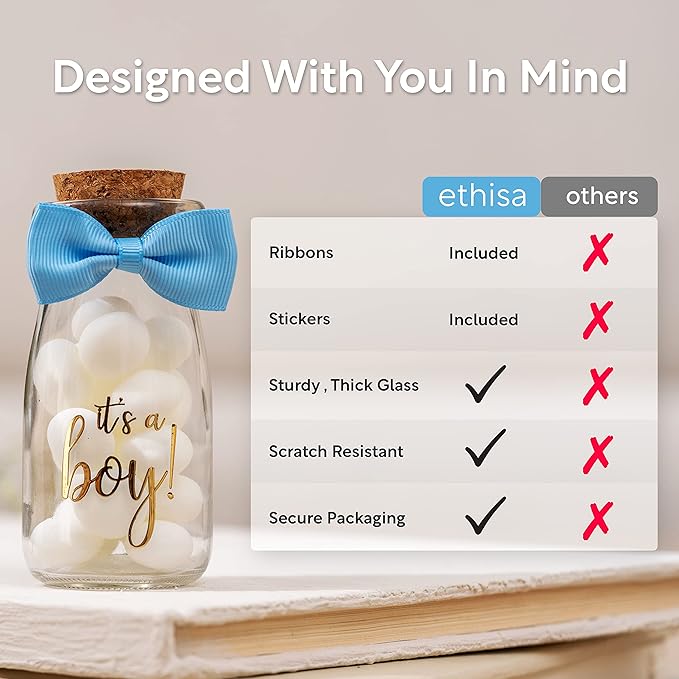 Ethisa Vintage 24 Pack It's a Boy Milk Glass Bottles with Ribbons and Stickers - Classy Baby Shower Favors for Guests and Table Centerpieces - Gender Reveal Boy Decorations - Baby Shower Candy Jar