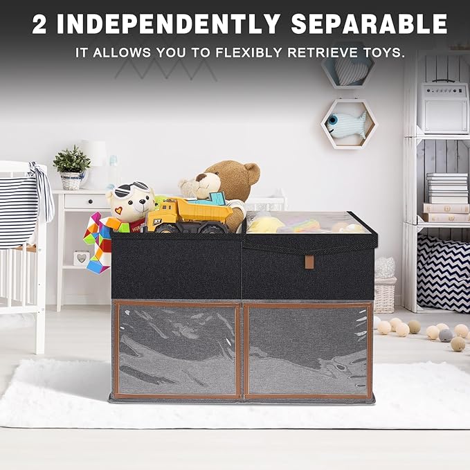 1 Pack Large Toy Storage Box with Clear Lids Collapsible Toy Organizer Chest with Adjustable Dividers Kids Storage Bin Basket for Boys Girls Living Room Nursery Playroom Closet Black and Grey