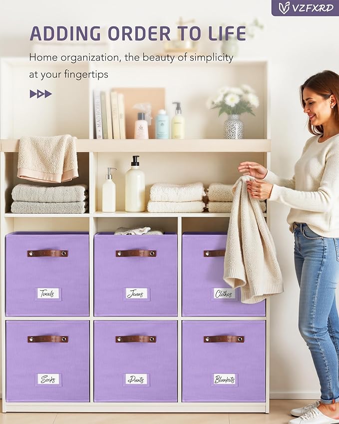 13 Inch Cube Storage Bin Fabric Basket with Handles and Labels, Cube Storage Organizer for Closet, Bedroom, Living Room (Purple,6 Pack)