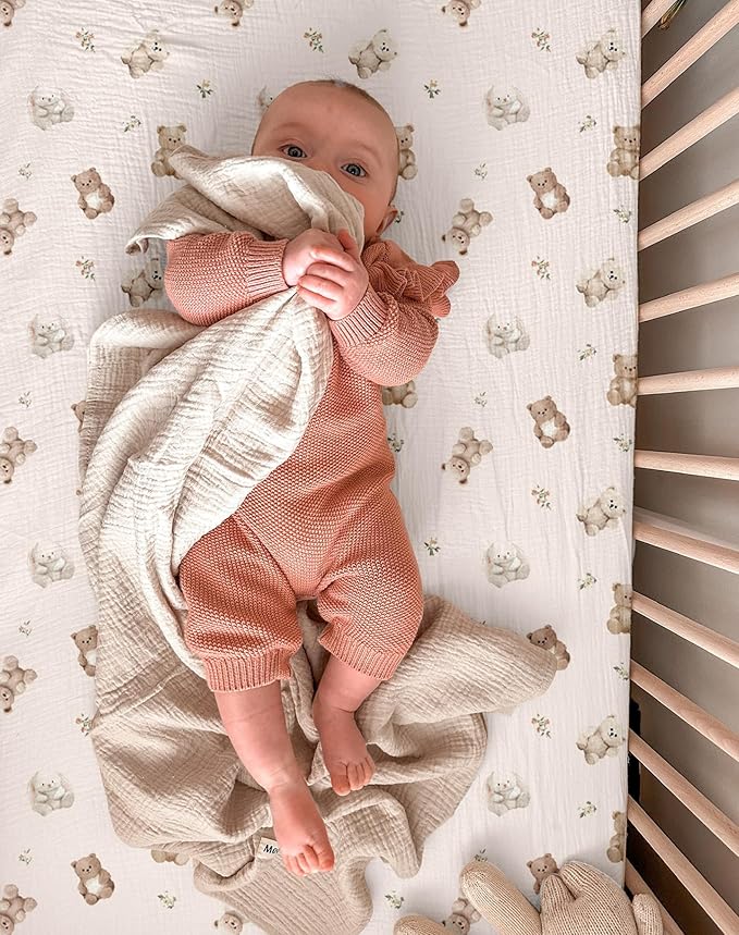 Pack and Play Sheets for Baby Boy and Girl 2 Pack, Neutral Muslin Cotton Pack N Play Mattresses Sheet 27"x39", Muslin Nursery Bedding Soft and Breathable Comfort (Teddy & Friends)