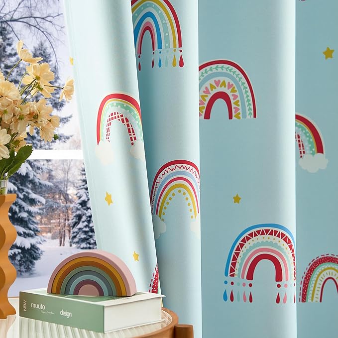 jinchan Nursery Blackout Curtains for Kids Room Rainbow Blue Curtains Cute Girls Bedroom Dorm Playroom Window Treatment Grommet Thermal Insulated Room Darkening 2 Panels 63 Inch Length