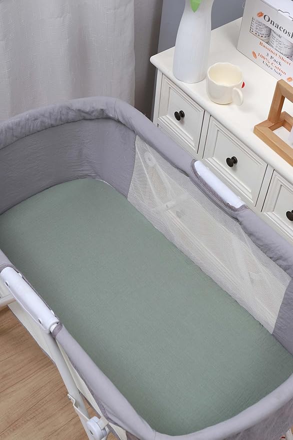 Onacosht Muslin Bassinet Sheets 3 Pack, 100% Cotton Baby Fitted Sheet 33" x 19" Compatible with Mika Micky, KoolaBaby (3 in 1), BabyBond, HARPPA and RICUTON Bedside Bassinet, Green and Botanical
