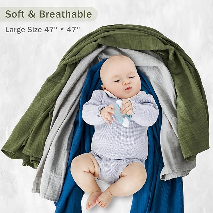 3-Pack 100% Cotton Muslin Swaddle Blankets, Large 47 x 47 Inches — Breathable Soft Receiving Blankets for Newborns, Swaddling Wraps, Registry Gift (Classic Blue & Gray)