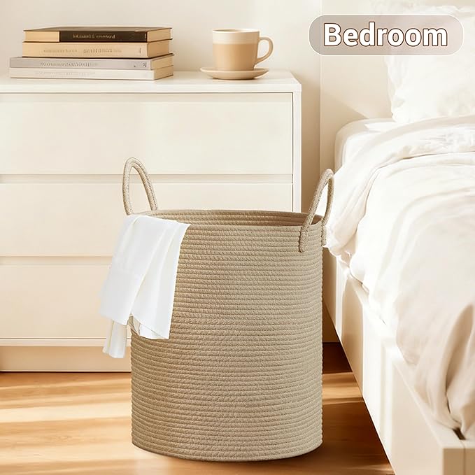 Tall Laundry Basket with Handles, 53L Portable Dirty Clothes Hamper, Boho Cotton Rope Storage Bin for Blankets Kids Toys Gifts, Decorative Organizer for Baby Nursery Bedroom Bathroom, Jute