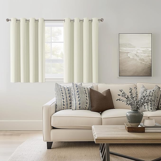ChrisDowa 100% Blackout Ivory Solid Curtains 45 Inches Long 2 Panels for Bedroom Living Room,Farmhouse Room Darkening Thermal Insulated Soundproof Grommet Top Window Treatment Drapes,52x45