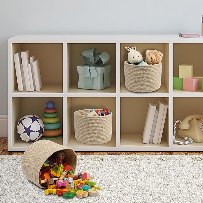 Woven Cotton Storage Baskets - 3-Pack Round Bins (10x10x7'') for Shelves, Closets & Bookcases | Durable Rope Organizers for Nursery, Baby, Toys, Easter & More (Oatmeal)