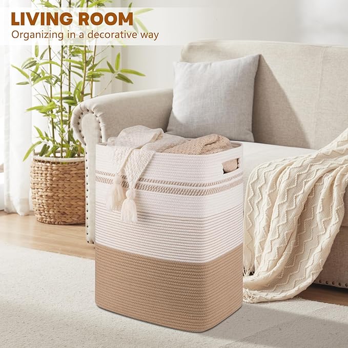 Laundry Basket, Large Woven Rope Tall Laundry Basket with Handles, Decorative Storage Basket for Clothes and Blankets in Living room, Bedroom
