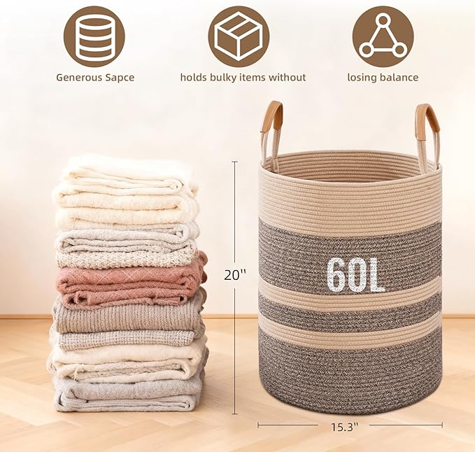 60L Striped Laundry Basket, Dark Brown Laundry Hamper with Leather Handles, Woven Cotton Rope Storage Bin for Blankets, Nursery Hamper for Clothes, Toys In Bathroom, Livingroom, Bedroom