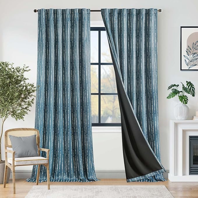 jinchan 95% Blackout Boho Curtains, Moon Phases Printed 96 Inches Long Blue Drapes for Bedroom Living Room Nursery Farmhouse, Rod Pocket Back Tab Thermal Insulated Window Treatment Set 2 Panels