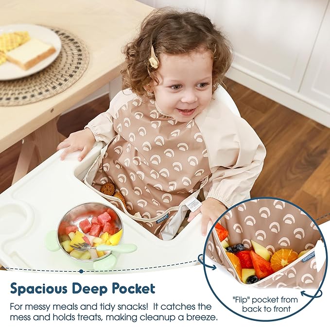 GRSSDER 2 Pack Long Sleeve Baby Feeding Bibs, Super Soft Lightweight Waterproof Coverall Baby Led Weaning Bib with Large Food Catcher Pocket, Adjustable and Easy Clean for 6-30 Months