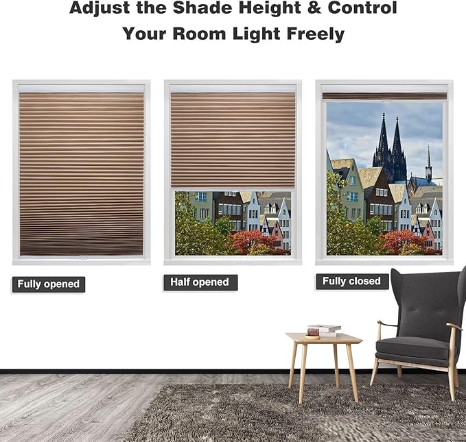 MYshade Cordless Blackout Cellular Shades for Windows, Honeycomb Window Shades with Thermal Insulation, Child & Pet Safe Room Darkening Shade, Easy Install, 19" W x 48" H, Light Brown
