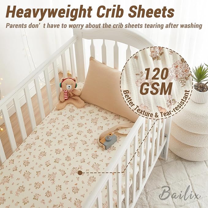 Heavyweight Muslin Baby Crib Sheets - 2PCS 52"x28" Neutral Fitted Crib Sheets for Boys Girls, Breathable Soft 100% Organic Cotton Standard Baby Mattress Sheet (Nature, Coffee)